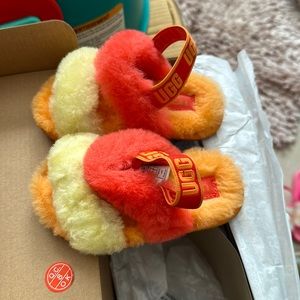 Kids Orange and Yellow fluffy Ugg sandals